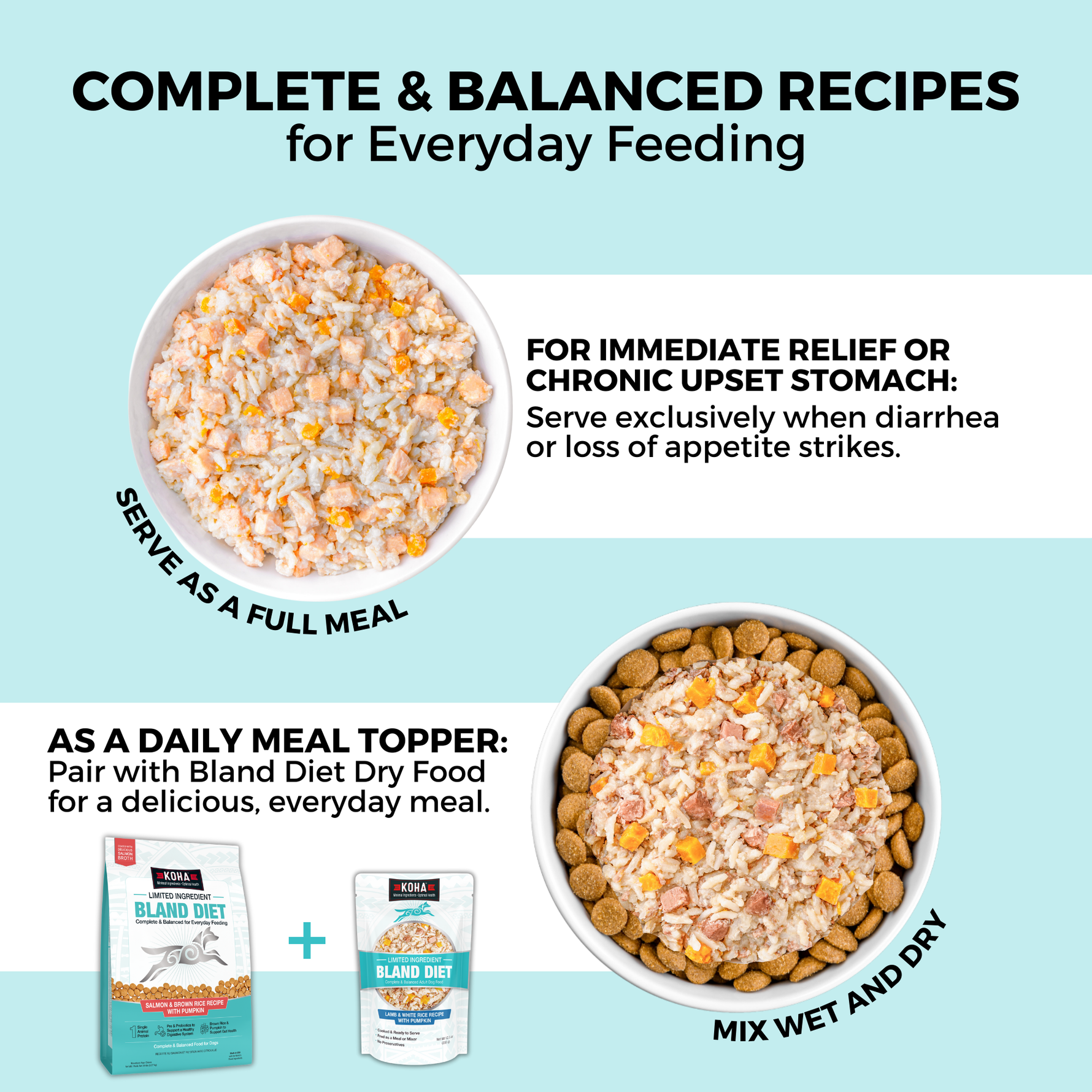 Graphic showing two everyday tummy solutions - feed bland diet exclusively or mix with wet food