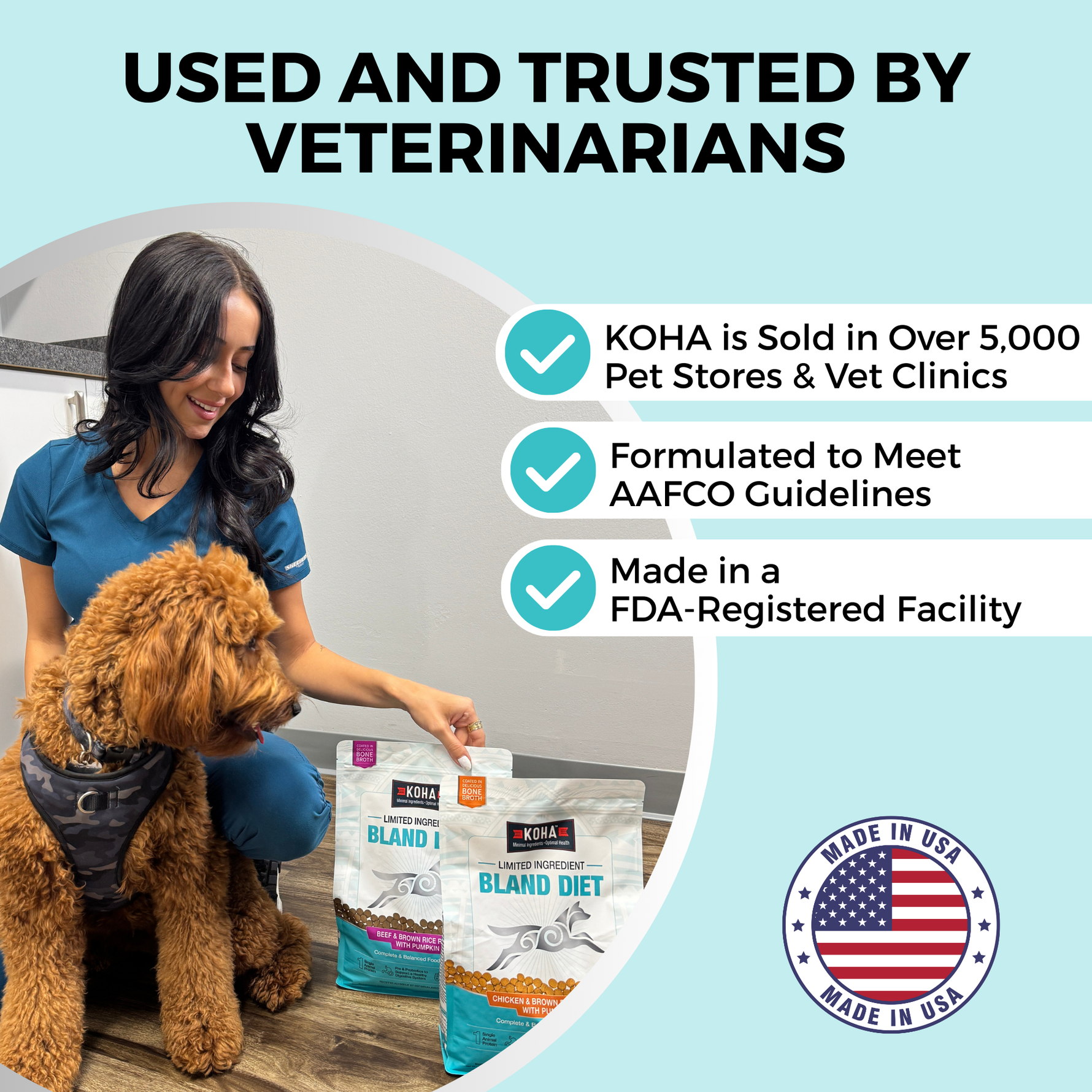 Graphic showing a veterinarian with a dog and KOHA Bland Diet recipes, highlighting trusted nutrition, AAFCO compliance, FDA-registered manufacturing, and U.S. production.