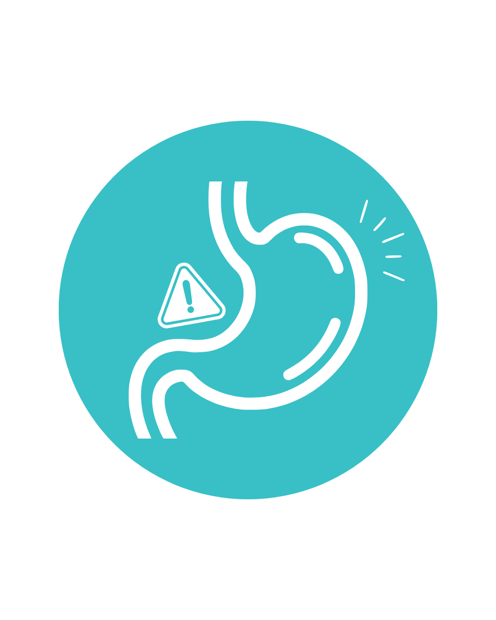 A teal circular icon with a white line drawing of a stomach and an exclamation mark inside a small warning triangle.
