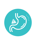 A teal circular icon with a white line drawing of a stomach and an exclamation mark inside a small warning triangle.