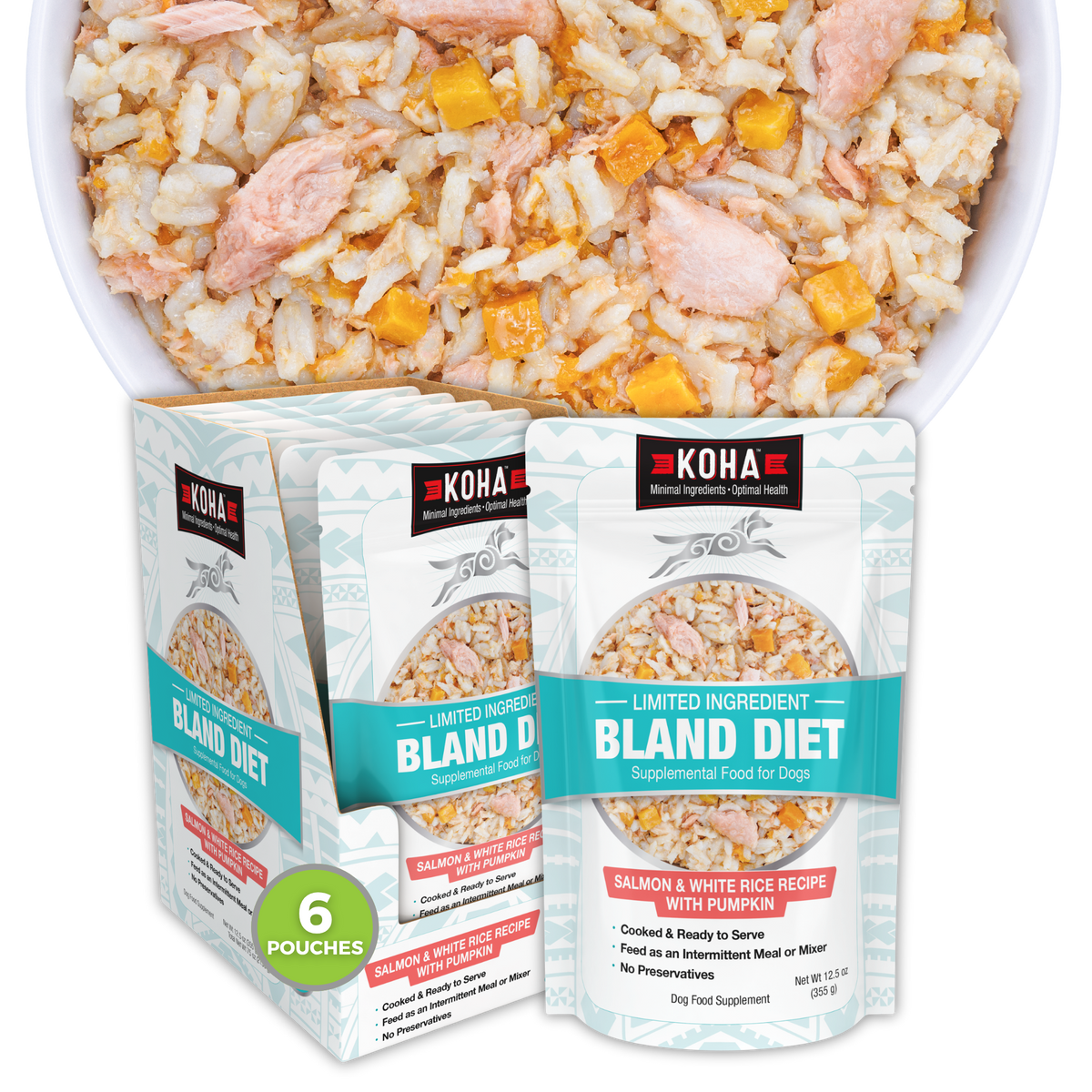 KOH A Bland Diet Supplement Food for Dogs in salmon and white rice recipe, shown as three individual pouches with a '6 POUCHES' badge, alongside a large bowl filled with the food