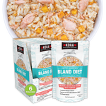 KOH A Bland Diet Supplement Food for Dogs in salmon and white rice recipe, shown as three individual pouches with a '6 POUCHES' badge, alongside a large bowl filled with the food