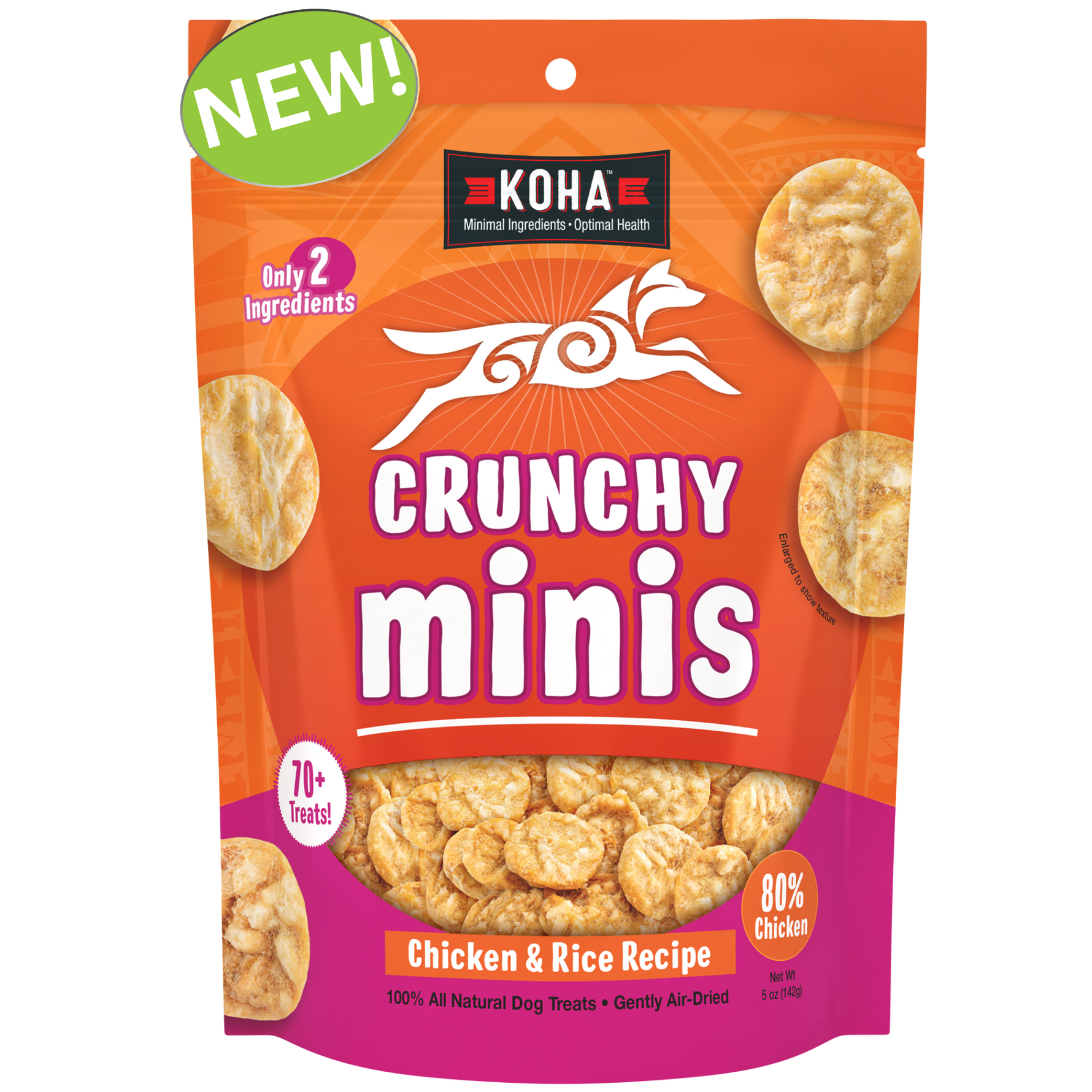 Koha Crunchy Minis dog treats packaging with treats displayed on a white background with a New! burst. 