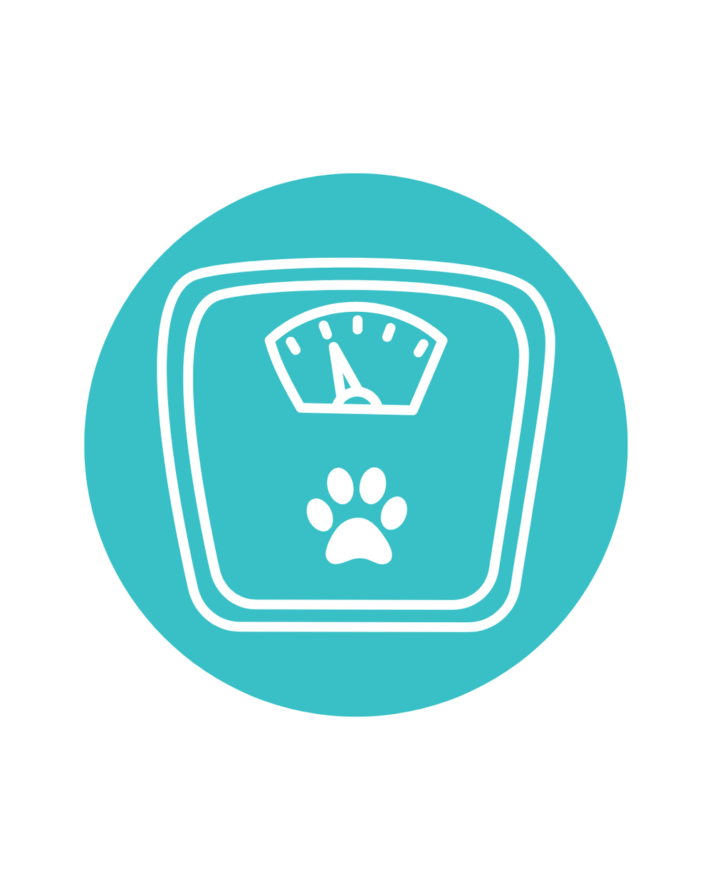 A teal circular icon containing a white line drawing of a scale with a paw print, centered on a light gray background.